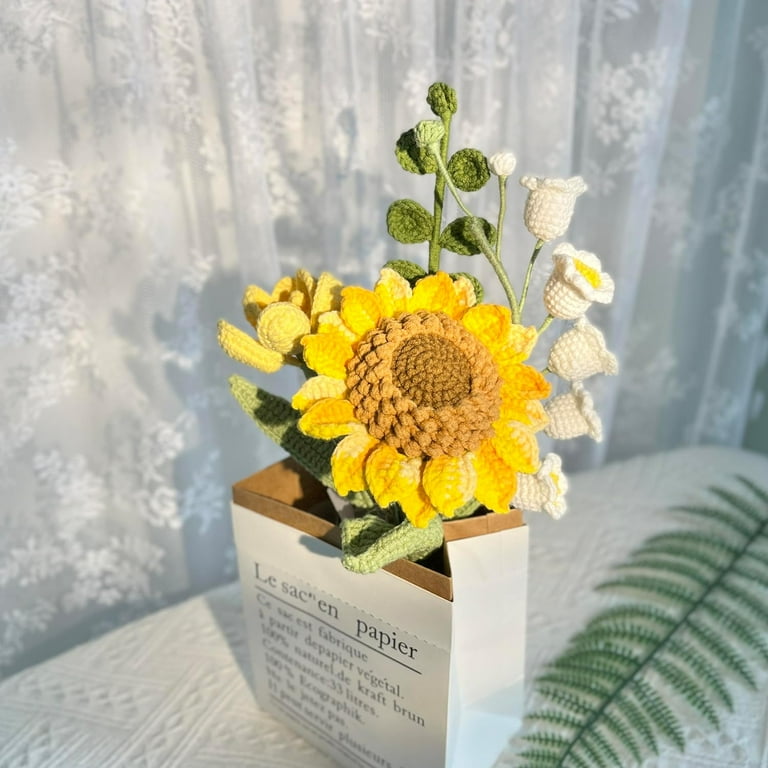 Handmade Crochet Sunflower Tulip Bouquet, Knitted Artificial