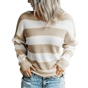 gvdentm Fall Sweaters For Women Women's Crew Neck Long Sleeve Color Block Knit Sweater Casual Pullover Sweat Necklace