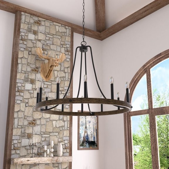 ACROMA  12-light Farmhouse Modern Wagon Wheel Chandelier Faux Wood Dining Room Chandelier - N/A Weathered Walnut