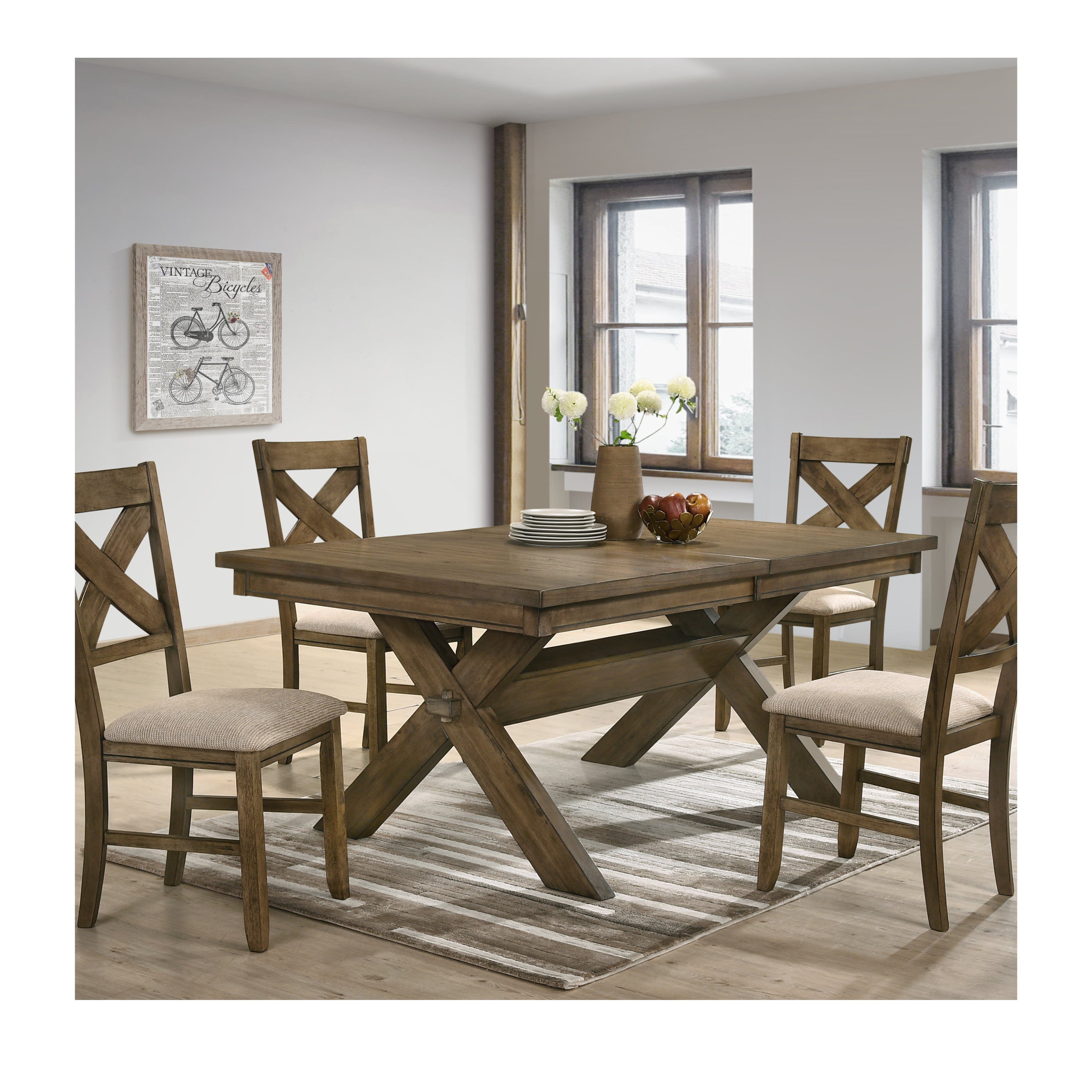 Roundhill Furniture Raven Cross Back Upholstered Dining Chairs in Glazed Pine Brown Finish, Set of 2