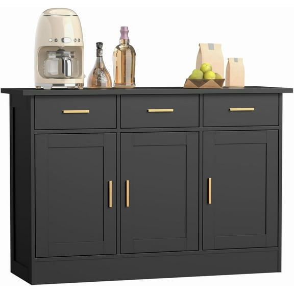 Buffet Cabinet with Storage - Buffets & Sideboards Kitchen Storage Cabinet, Wood Console Table Coffee Bar Accent Cabinets for Living Room Dining Room Entryway Large 3 Doors & Drawers, Black 47.2