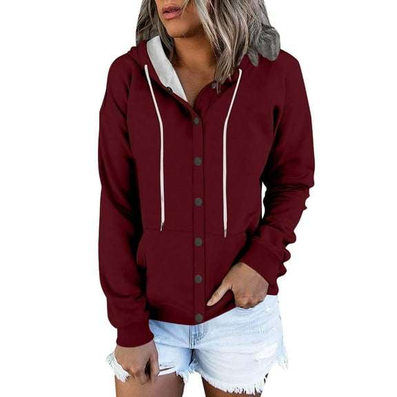 ShomPort Fall Button up Sweatshirt Casual Loose Fleece Lined Drawstring Hoodies with Pocket
