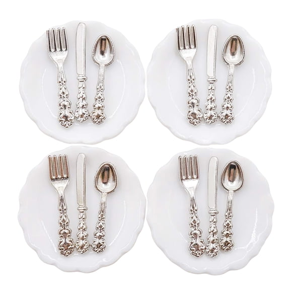 LIANGXR 4Sets Miniature Kitchen Tableware Set Display Accessories for 1/12 Scale Dollhouses with Realistic Plates and Cutlery