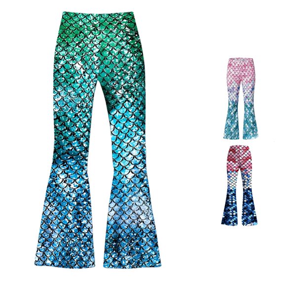 LIIPEE Girls Casual Flared Pants Fish Scale Print Elastic Waist Loose Pants Kids Comfortable Breathable Everyday Trousers,11-12 Years