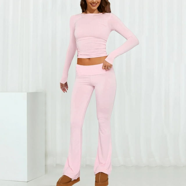 WILLBEST Womens Fall Tops 2025 Women Two Piece Outfit Basic Long Sleeve Crop Top and Low Rise Flare Pants Set 2 Piece Yoga Tracksuit