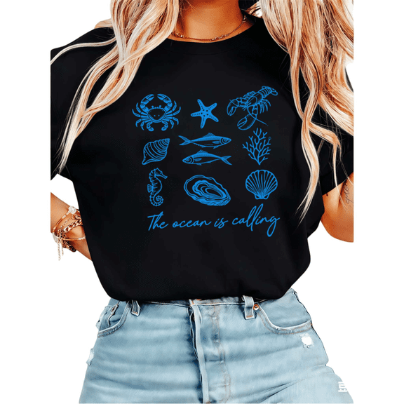Women The Ocean Is Calling Blue Marine Life Graphic Tees T Shirt Tops Round Neck Cotton T Shirt Black S-5XL