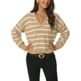 thumbnail image 1 of INSPIRE CHIC Chandail Polo à Rayures pour Femme Automne Hiver Col en V à Blocs de Couleur Manches Longues Tricoté Décontracté Hauts S Kaki, 1 of 6