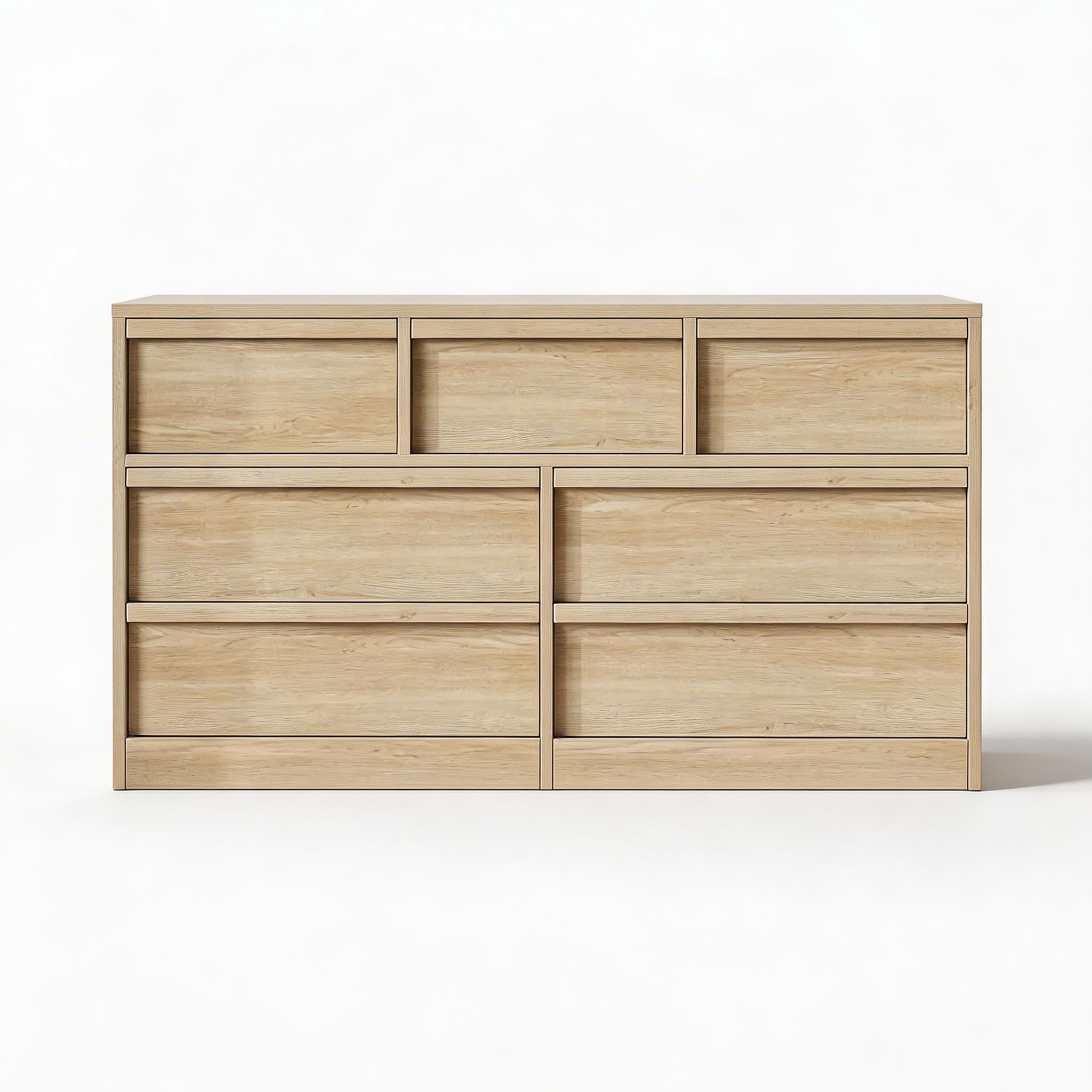 7 Drawer Dresser for Bedroom, 54in Wide Natural Oak 8 Chest of Drawers with Large Storage, Wooden Dresser Organizer for Living Room, Entryway, Nursery