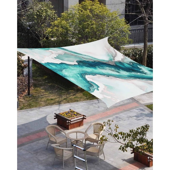 Turquoise Marble Sun Shade Sail 8'x10' Rectangle Outdoor Shade Canopy, Luxury Modern Abstract Texture Art Porch Shades Outdoor Sun Blocking Screen, Sunshade Cloth Covers for Patio/Deck/Garden