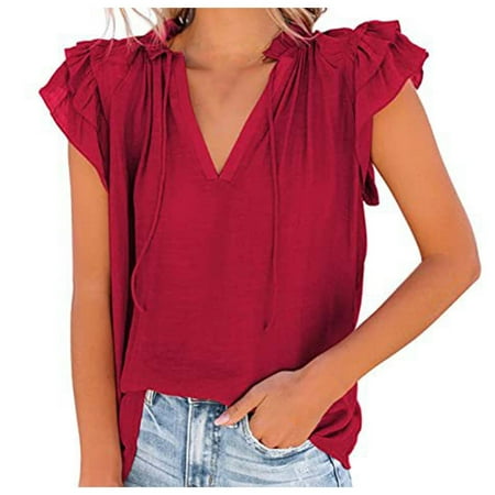 

kakina CMSX Boho Shirts for Women Plus Comfortable V-neck Loose Casual Soft Drawcord Solid Color Shirt Top Lace Pleated Blouses Tunic Tops Wine M