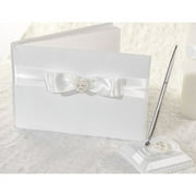 Rhinestone Pearlized Heart Rose Bouquet Wedding Guestbook and Pen Set