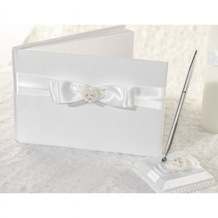 Rhinestone Pearlized Heart Rose Bouquet Wedding Guestbook and Pen Set