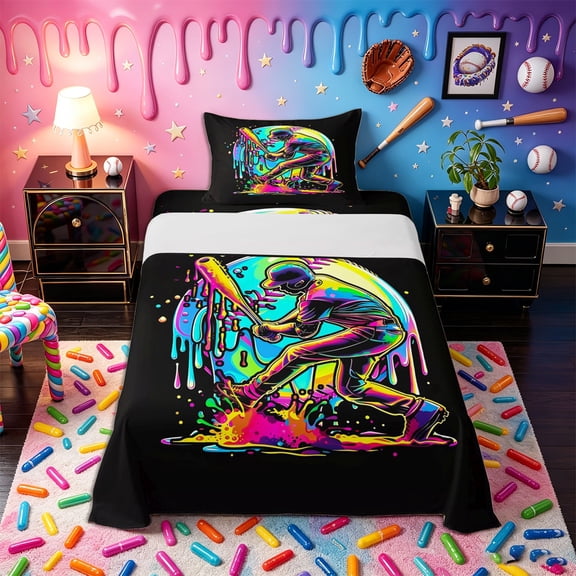 Castle Fairy Sport Baseball Gamer Twin Sheets 3pcs, Neon Ice Cream Drip Bedding, Black Green Yellow,1 Fitted Sheet, 1 Flat Sheet and 1 Pillowcase