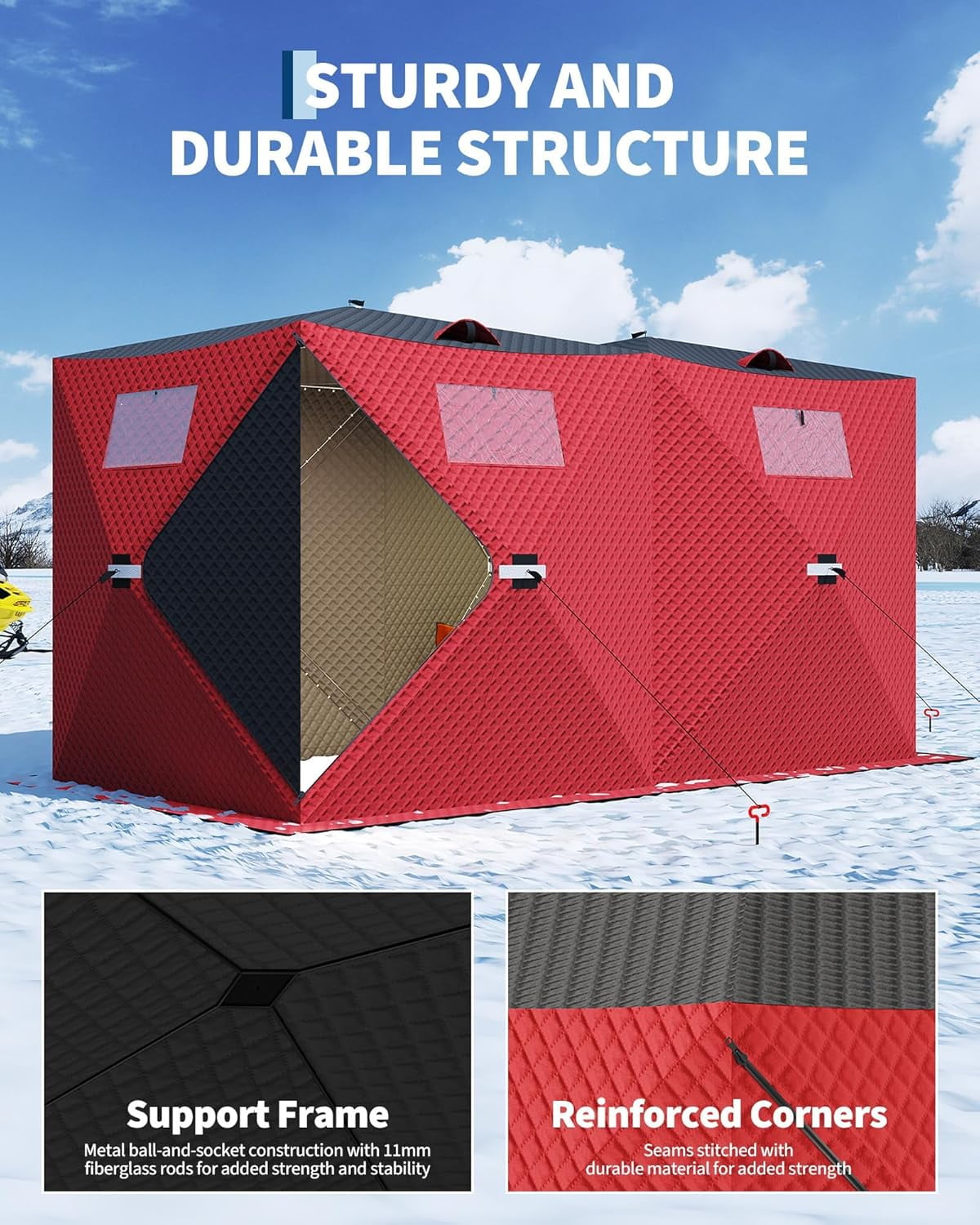 Lumiparty Pop Up Ice Fishing Tent Fully Insulated, Portable 6-8 Person Ice Fishing Shelter, Waterproof Oxford Fabric, Winter Windproof Hut Snow Hub with Anchors, Ropes & Carry Bag, Red & Black