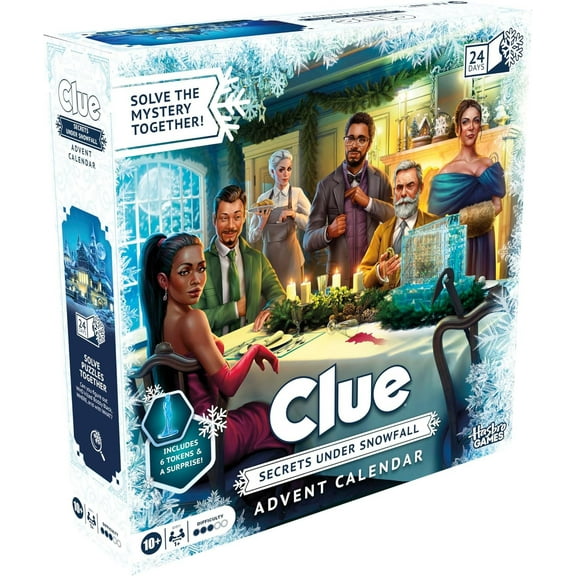 Clue Advent Calendar: Secrets Under Snowfall – 24 Days of Family Mystery Fun – Includes 6 Winter-Themed Tokens & Daily Surprises – Ages 10  – 1  Players