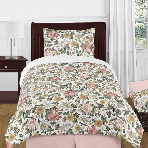 Sweet Jojo Designs Vintage Floral Boho Girl Twin Size Kid Childrens Bedding Comforter Set - 4 Pieces - Blush Pink, Yellow, Green and White Shabby Chic Rose Flower Farmhouse