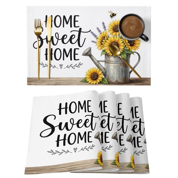 Home Sweet Home Placemats Set of 12, Country Sunflower Watering Can Lavender Farm Non-Slip Place Mats Washable Table Mats for Kitchen Dining Table Decorations Indoor/Outdoor