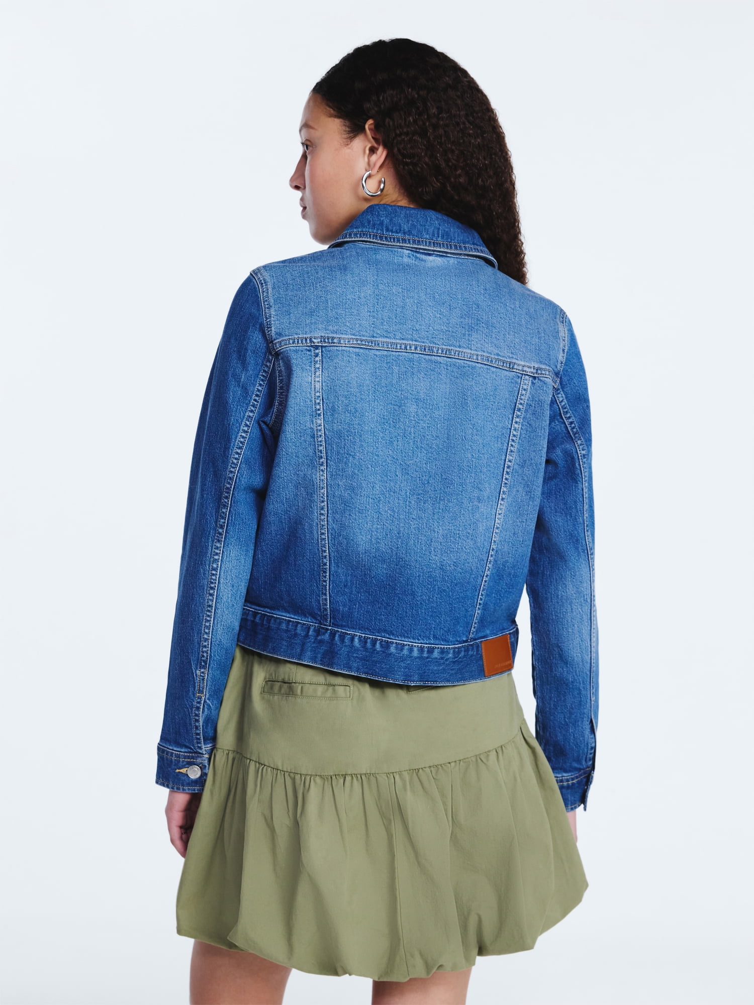 Free Assembly Women's Cropped Denim Jacket with Long Sleeves