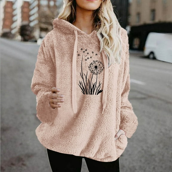 Uootdi Oversized Fuzzy Fleece Long Sleeve Sweatshirts for Women Dandelion Printed Drawstring Hoodies Gift Casual Loose Classi c Fall Pullover with Pocket
