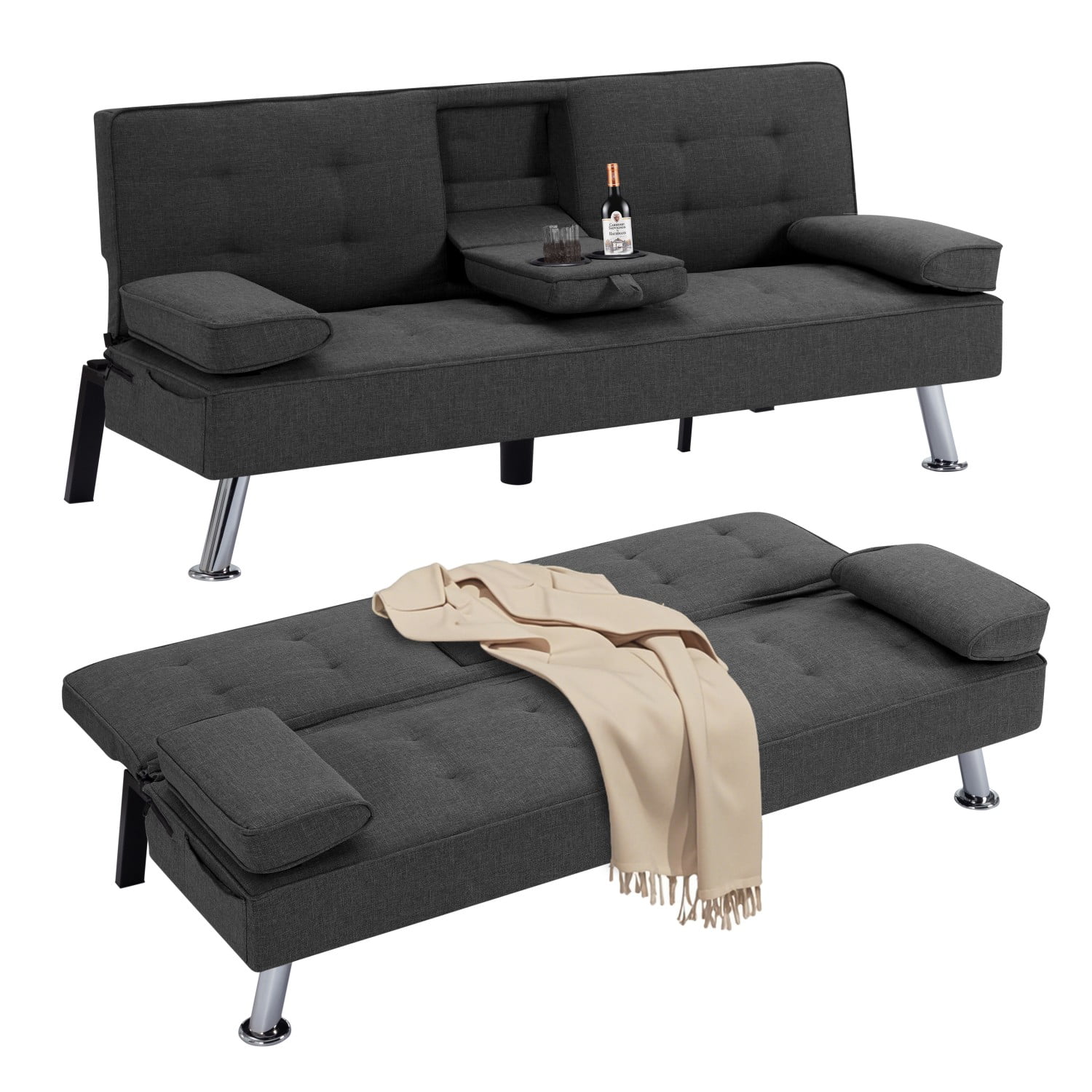 Gewnee Modern Futon Sleeper Sofa Bed Convertible Folding Recliner Couch Furniture with 2 Cup Holders for Livin g Room