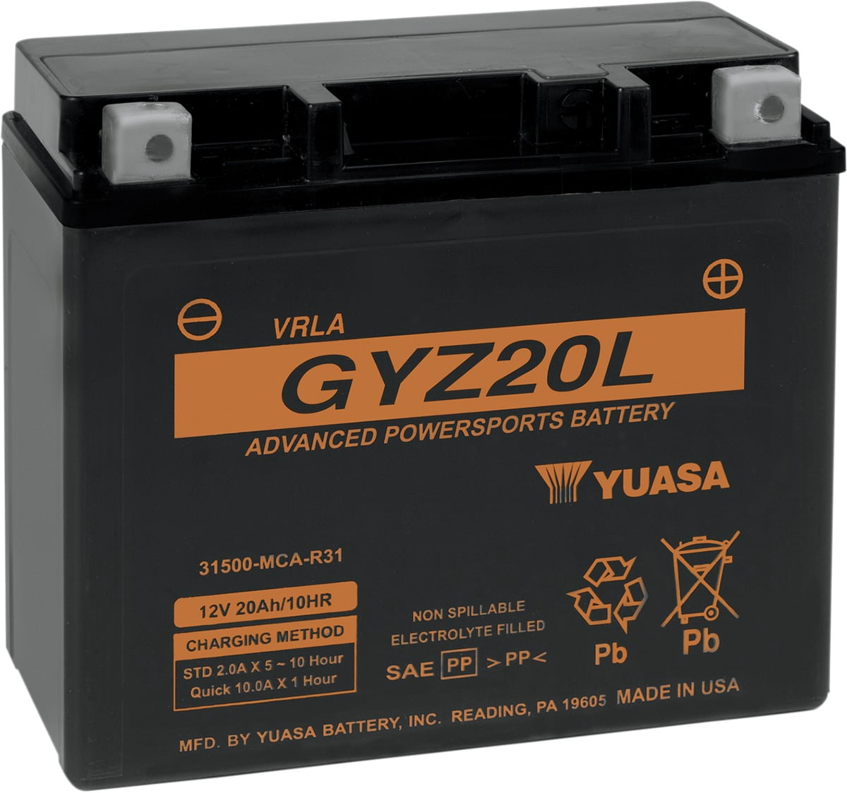 Yuasa GYZ20L Factory Activated AGM Maintenance Free 12V 20Ah Motorcycle Battery, 250 CCA (YUAM720GZ)