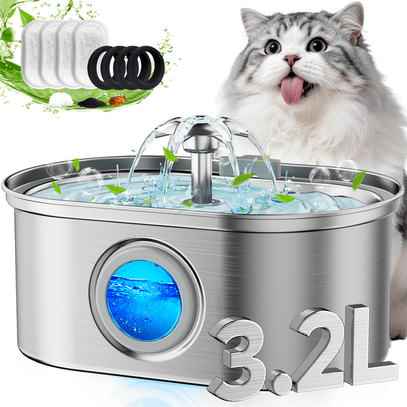 Cat Water Fountain Stainless Steel, YUWENUS 108oz/3.2L Pet Fountain with Water Level Window,Automatic Water Dispenser for Cats and Dogs, Electric Drinking Bowl Suitable for Multiple Pets, Silver