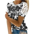 thumbnail image 2 of Wycnly Womens Tops Dressy Casual Sexy Lace Patchwork Lightweight Comfy Basic Fit Pullover Tshirts Summer Short Sleeve Round Neck Tops Feather Print Blouse Black s, 2 of 5