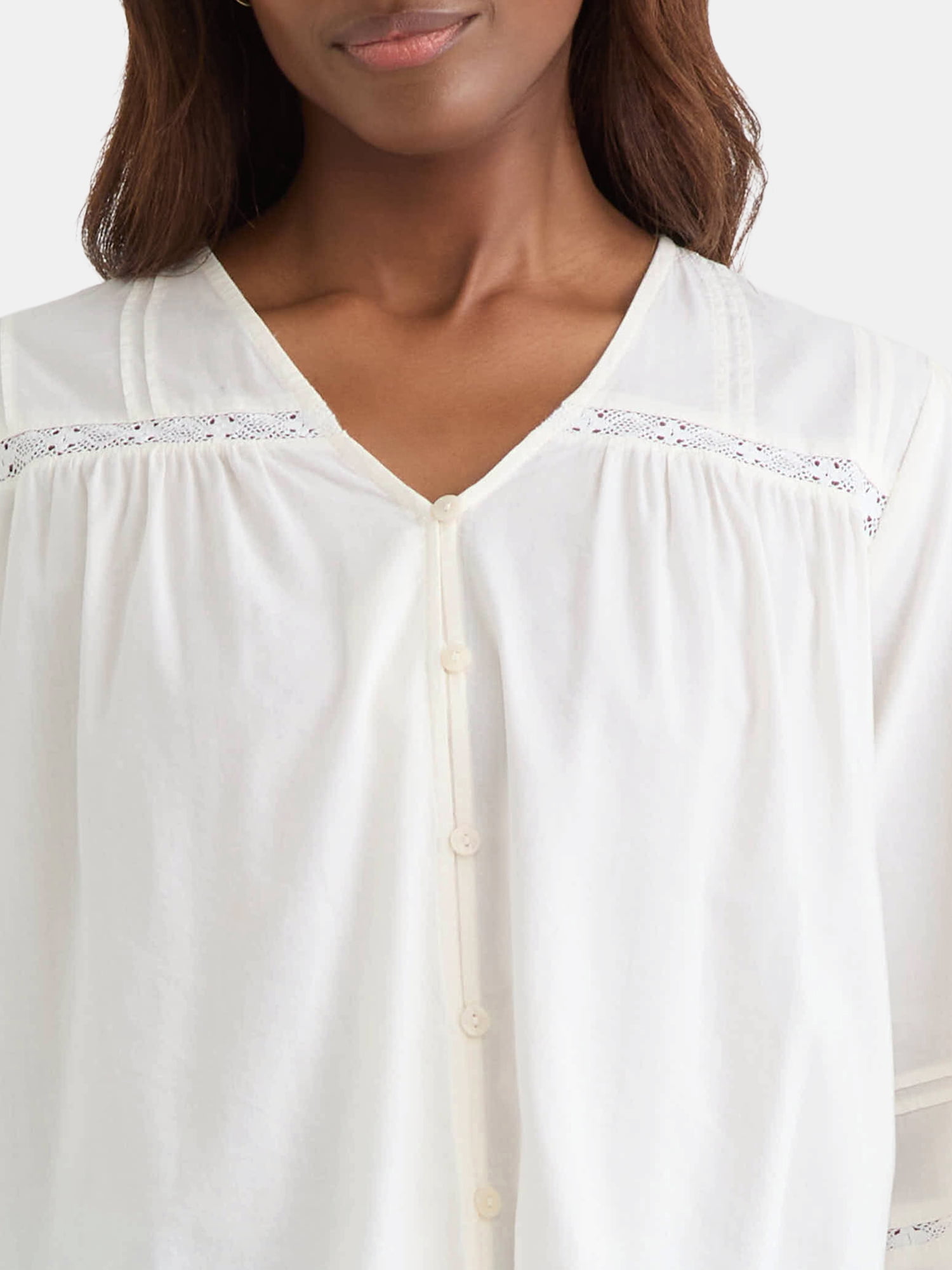 Time and Tru Women's Lace Inset Blouse with Long Sleeves, Sizes XS-XXXL