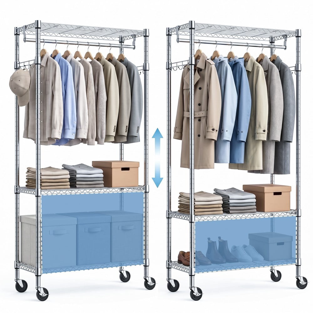 Heavy Duty Rolling Garment Rack, 3-Tier Adjustable Wire Shelving Clothes Rack with Hanging Rod, Side Hooks & Lockable Wheels, Chrome