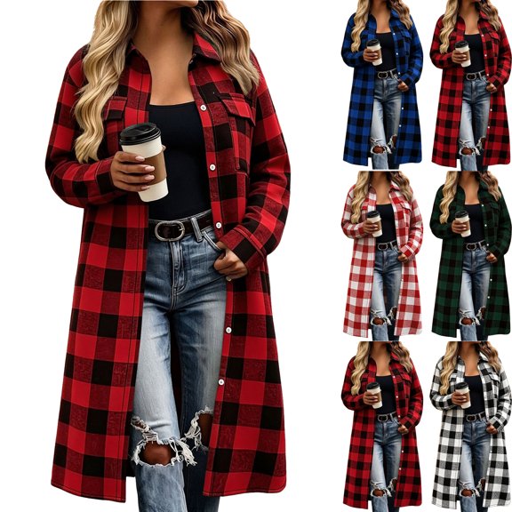 Plaid Jackets for Women Plus Size Button Up Lapel Comfortable And Casual LooseLong Sleeved Jacket Top