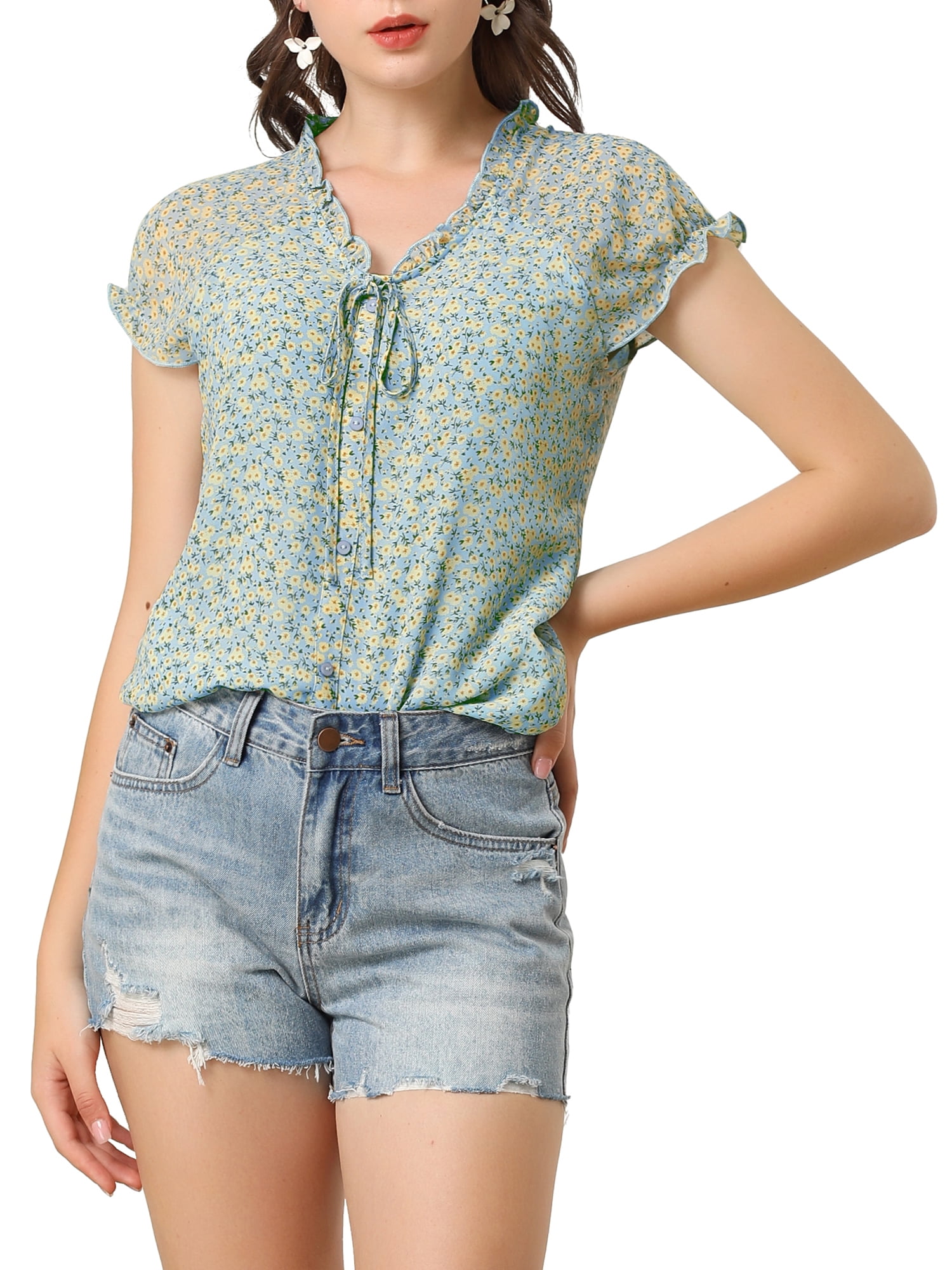 DARING DIVA Women's Ruffle V Neck Cap Sleeve Chiffon Floral Blouse Top M Light Blue