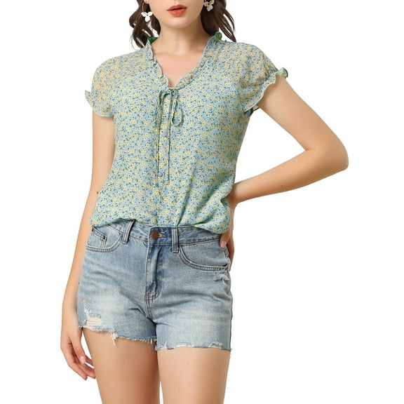 INSPIRE CHIC Valentine's Day Women's Floral Blouse Short Cap Sleeve Chiffon Casual Ruffle Tops L Light Blue