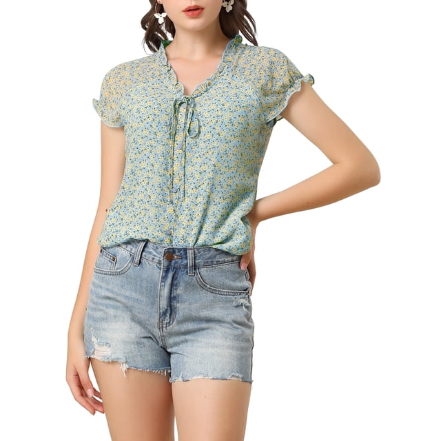 INSPIRE CHIC Blouse Fleurie pour Femme de la Saint-Valentin à Manches Courtes Cape en Chiffon Décontractée à Volants Hauts TG Bleu Pâle