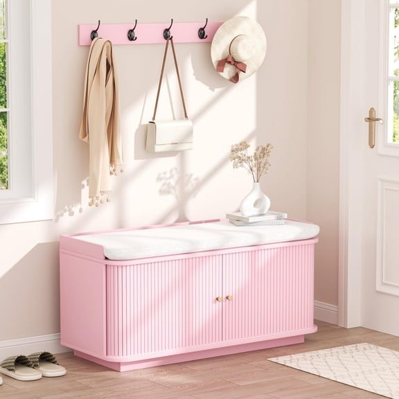 Pink Entryway Bench with Cushioned Seat, Cabinet Storage & Wall Hooks