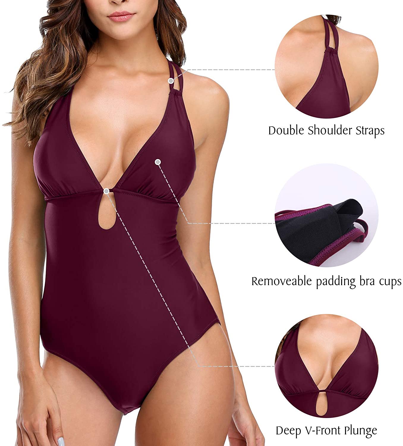 Charmo V Neck One Piece Swimsuits Lace-up Back Monokini Bathing Suit for Women - image 3 of 6