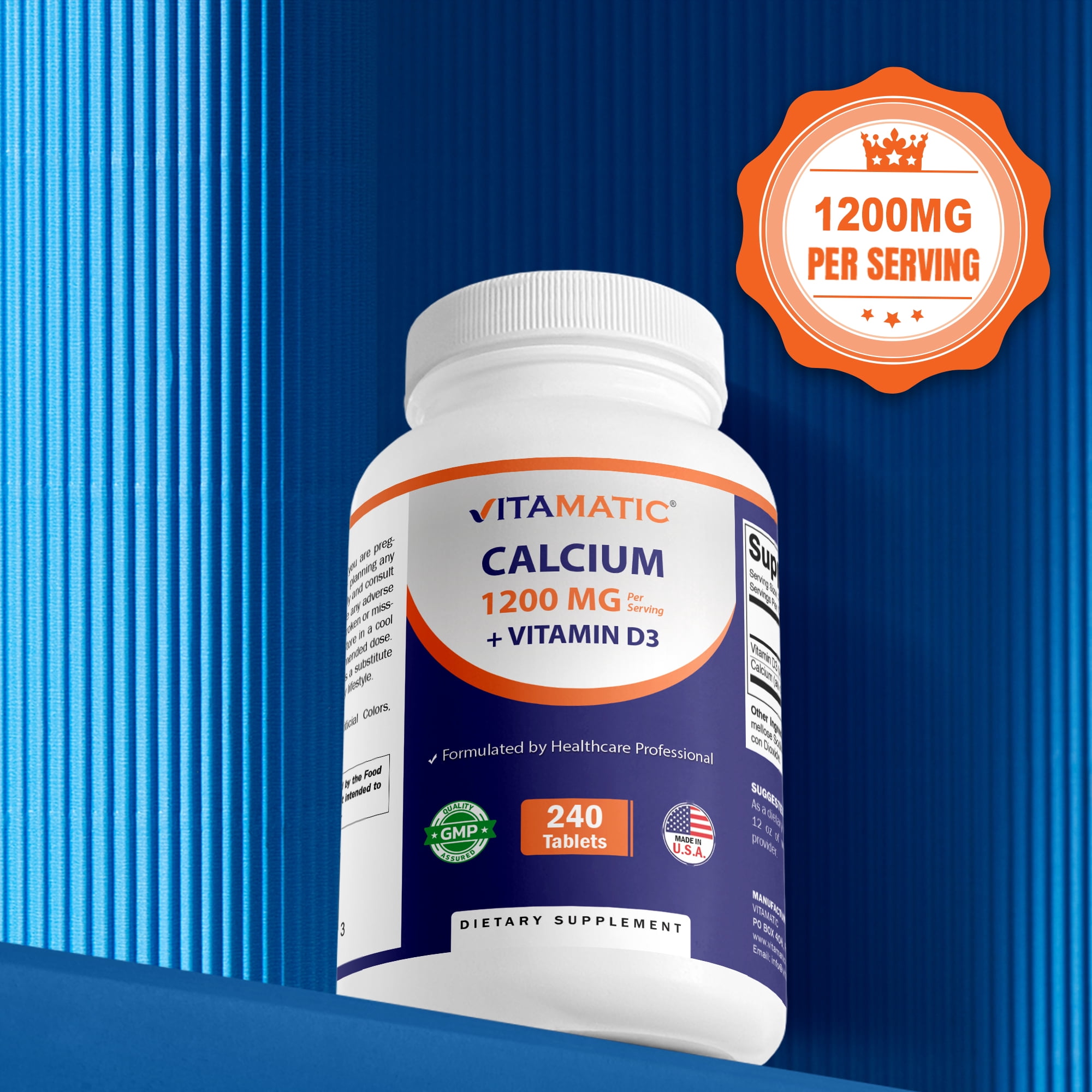 (2 pack) Vitamatic Calcium 1200mg with Vitamin D3 2000 IU (50mcg) – Bone & Immune Support Formula – 240 Tablets – High Absorption Calcium Carbonate with D3 – Non-GMO, Gluten-Free