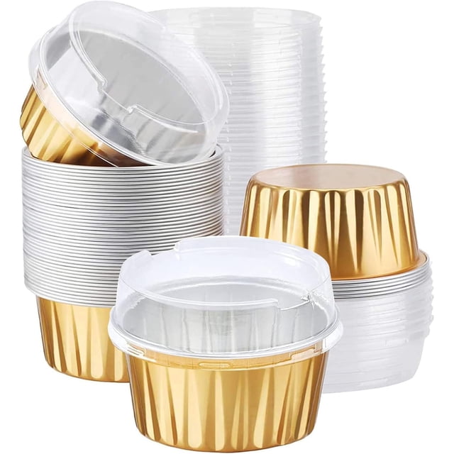 Capacillos para Cupcakes de Aluminio, Tazas de Papel Desechables para Postres de 50 Piezas, Vasitos para Postres con Tapa, Moldes de Hornear para Cupcakes