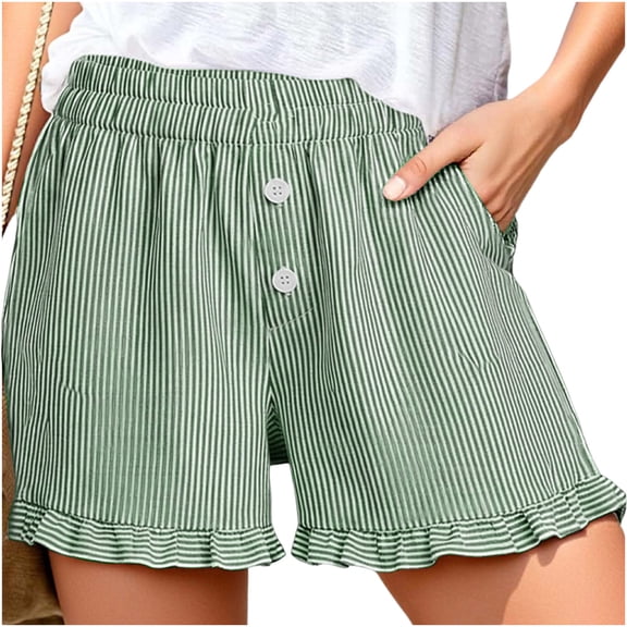 CHGBMOK Womens Linen Striped Shorts Ruffle Casual Athletic Shorts Comfy Short Pants with Pockets Summer Beach Vacation Outfits