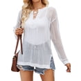 thumbnail image 3 of QAFOPEH Women Drawstring V Neck Crochet Cutout Long Sleeve Slit Hem Knitted Cover Up, 3 of 7