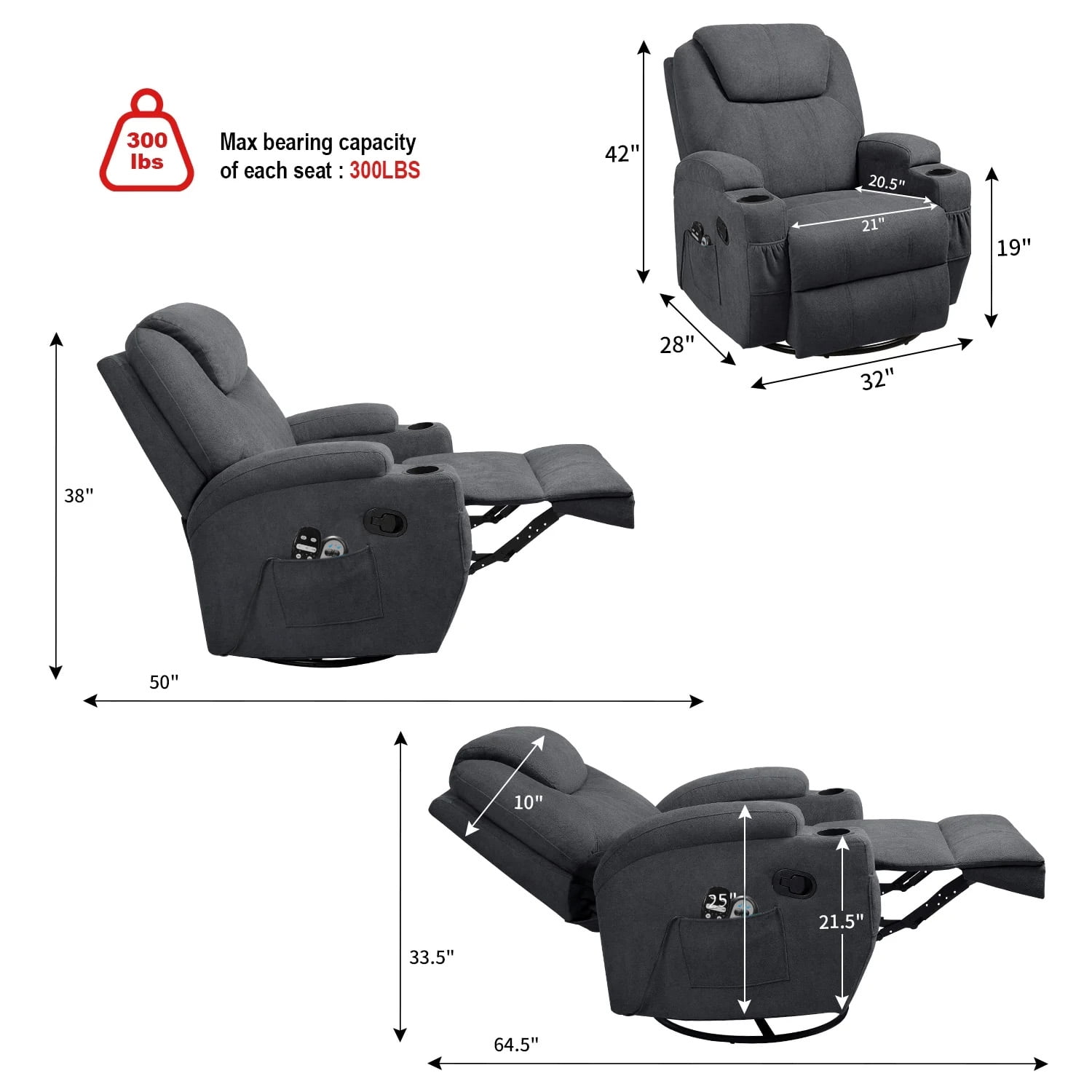LACOO Swivel Massage Recliner with Massage, Gray