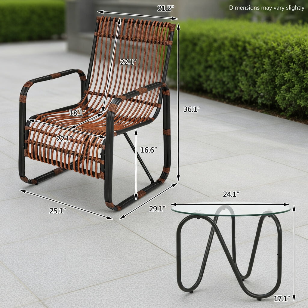 Hommoo 3-Piece Outdoor Rattan Patio Furniture Set, 2 Ergonomic Wicker Chairs + Tempered Glass Side Table for Balcony, Garden & Poolside， Brown & Black