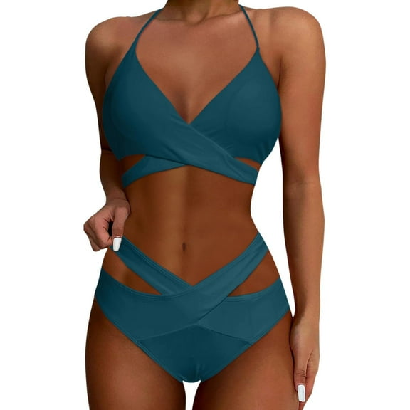 Two Piece Bikini Set Women High Waisted Push Up Swimsuit - Wrap Bandage Top, V-Shape Waist, High Leg Cut - XXS-18W