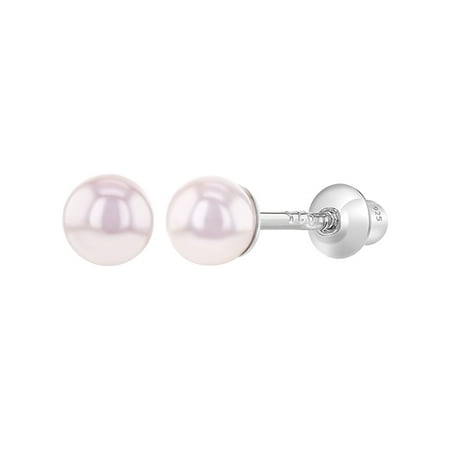 Childrens Sterling Silver Birthstone Earrings - 925 Sterling Silver Pink Simulated Pearl Screw Back Baby Girl Kids Earrings