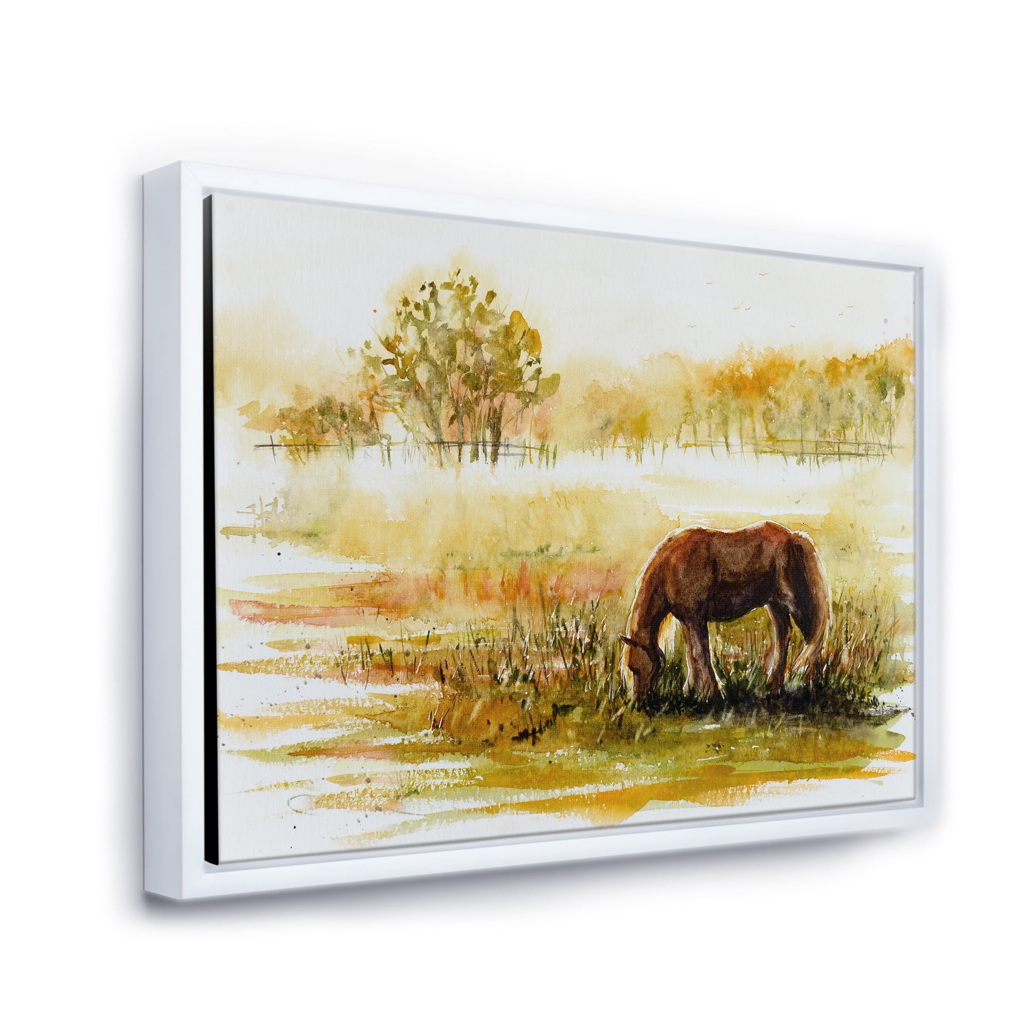 Designart 'Horse Eating Grass On A Meadow' Farmhouse Framed Canvas Wall Art Print