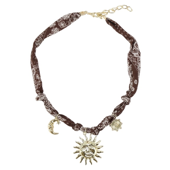 Unique Bargains 1 Pc Sun and Moon Scarf Necklace with Charm Adjustable Tie Statement Choker for Women Dark Coffee Color