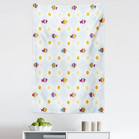 Cartoon Tapestry, Aquarium Themed Fish Cartoons with Spots and Lines Geometrical Backdrop Art Print, Fabric Wall Hanging Decor for Bedroom Living Room Dorm, 5 Sizes, Multicolor, by Ambesonne