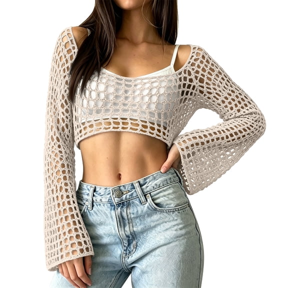 Women's Cropped Knit Shrug Top Lightweight Bell Sleeve Summer Cover-Up, Soft Breathable Cropped Cardigan Shrug for Casual & Beach, Cropped Shrug Women