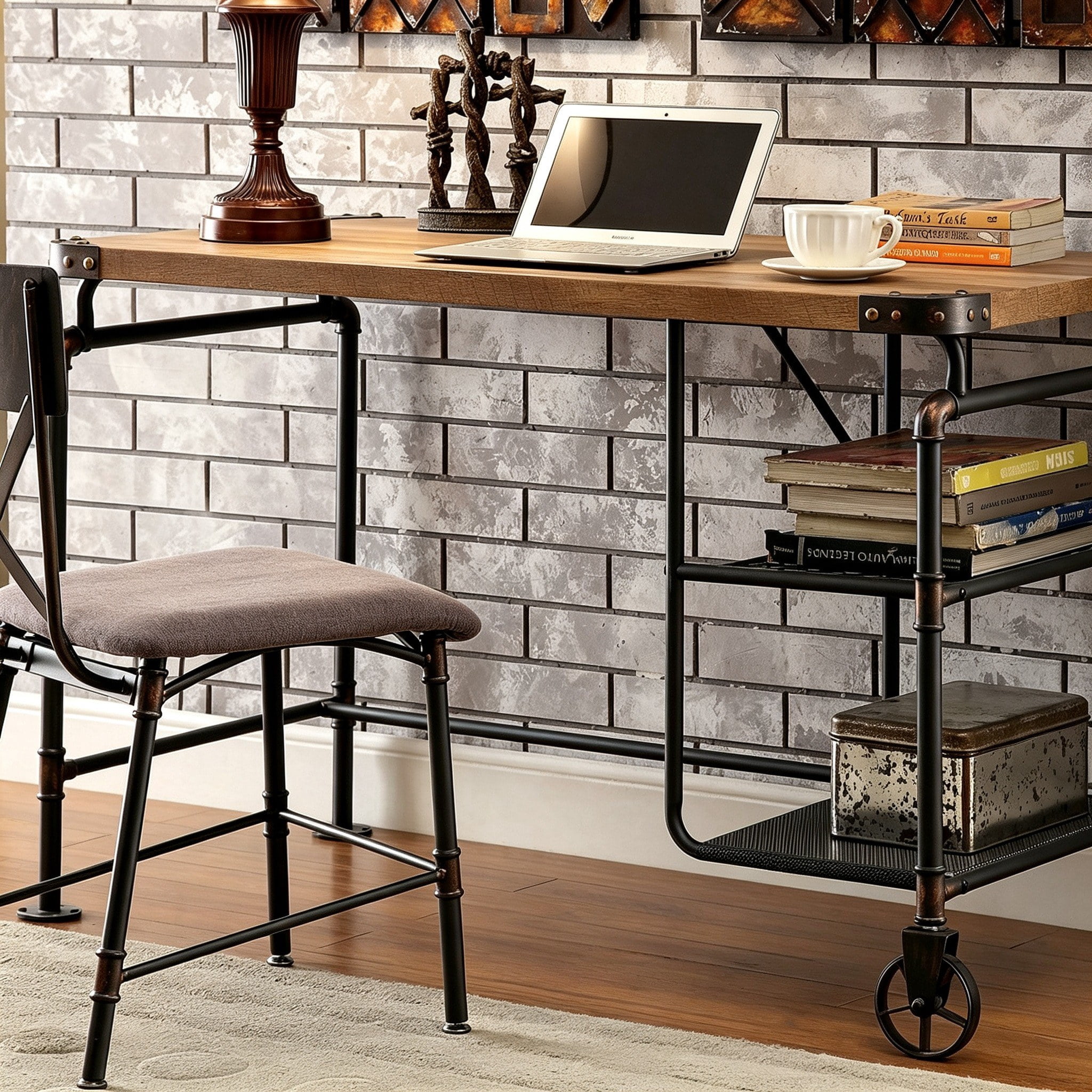Astoutdoor Industrial Style Desk with Open Shelves and Casters, Antique Black Finish