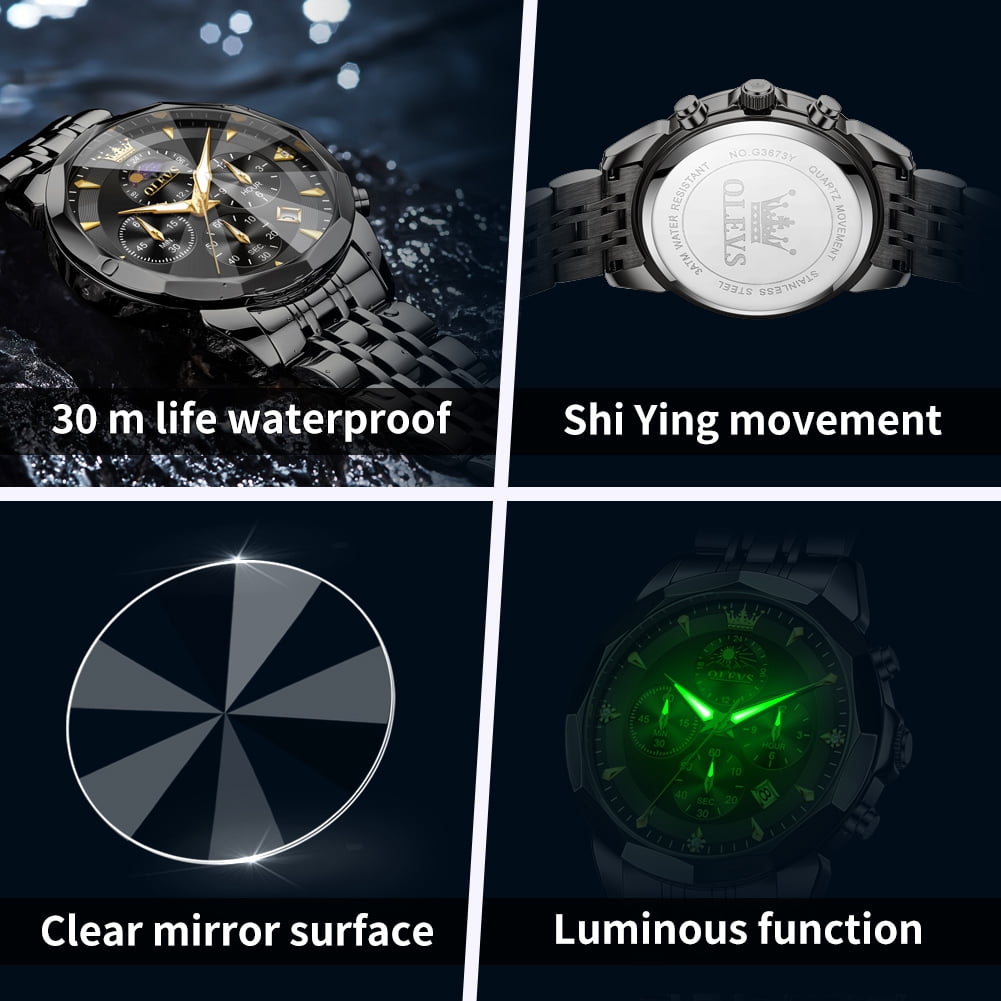 OLEVS Watches For Men Business Dress Luxury Casual Chronograph Multifunction Analog Quartz Stainless Steel Waterproof Luminous Moon Phase Date Men Wrist Watches Reloj Para Hombre Black Dial
