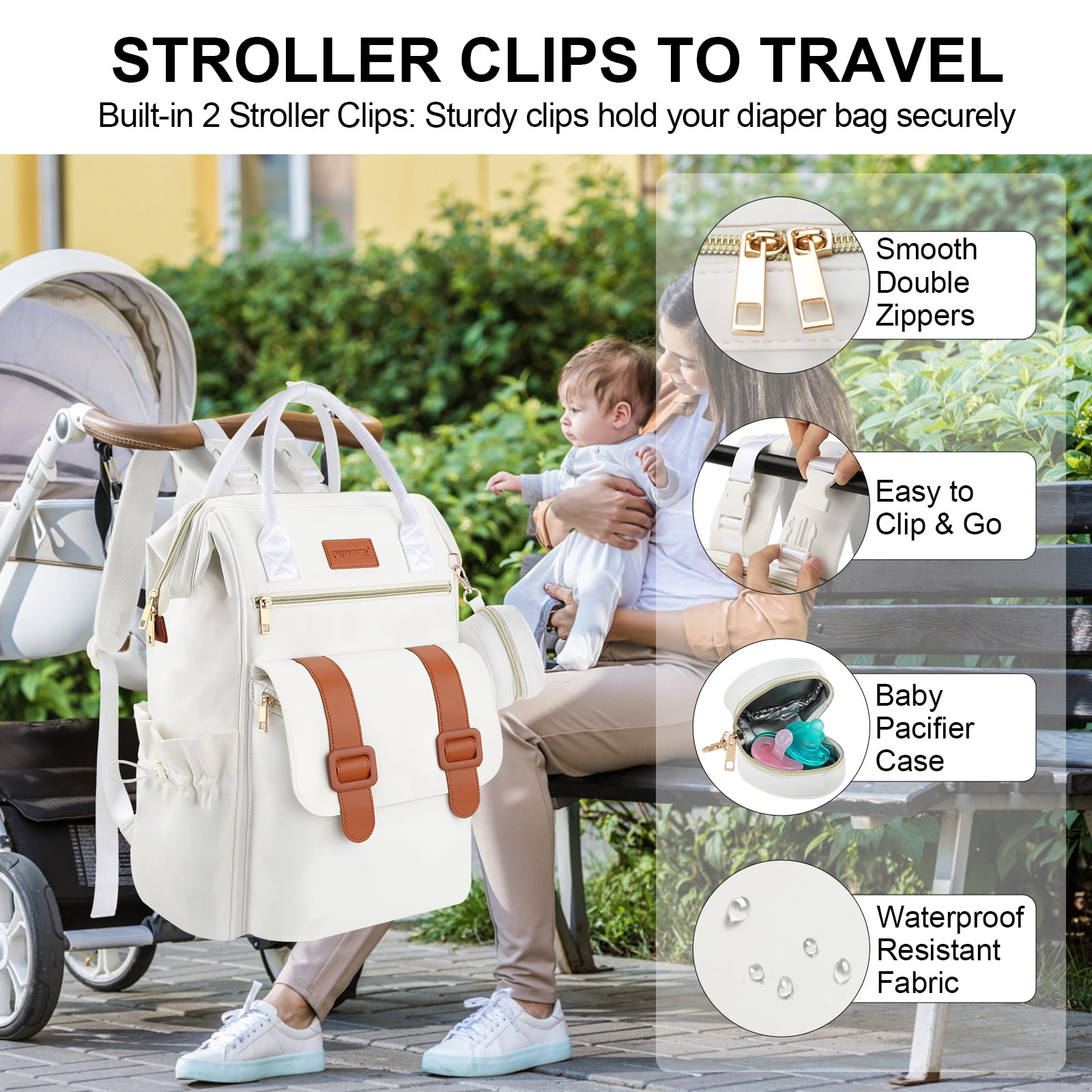Diaper Bag Backpack with Ice Pack, Large Capacity Waterproof Baby Travel Backpack for Moms & Dads, Insulated Cooler Bag with Changing Pad, Stroller Straps & Pacifier Case, Cream